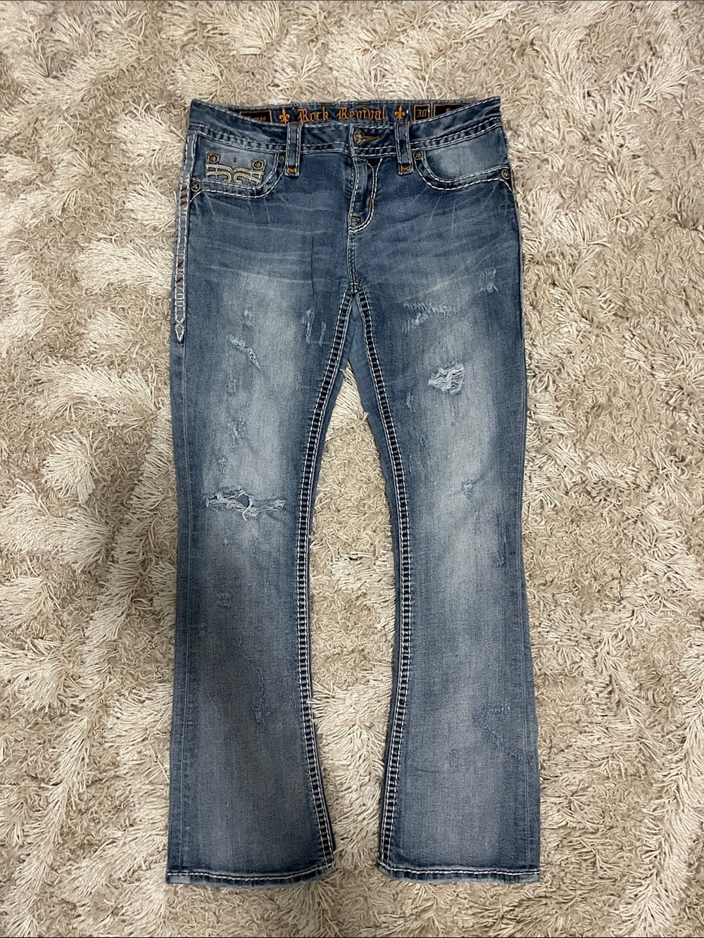 Rock Revival Women's Mid Faded Blue Bootcut Jeans with Distressed Detail